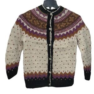 Vintage Nordic Sweater Womens‎ Size S Wool Hand Knit Fair Isle Cardigan Chunky